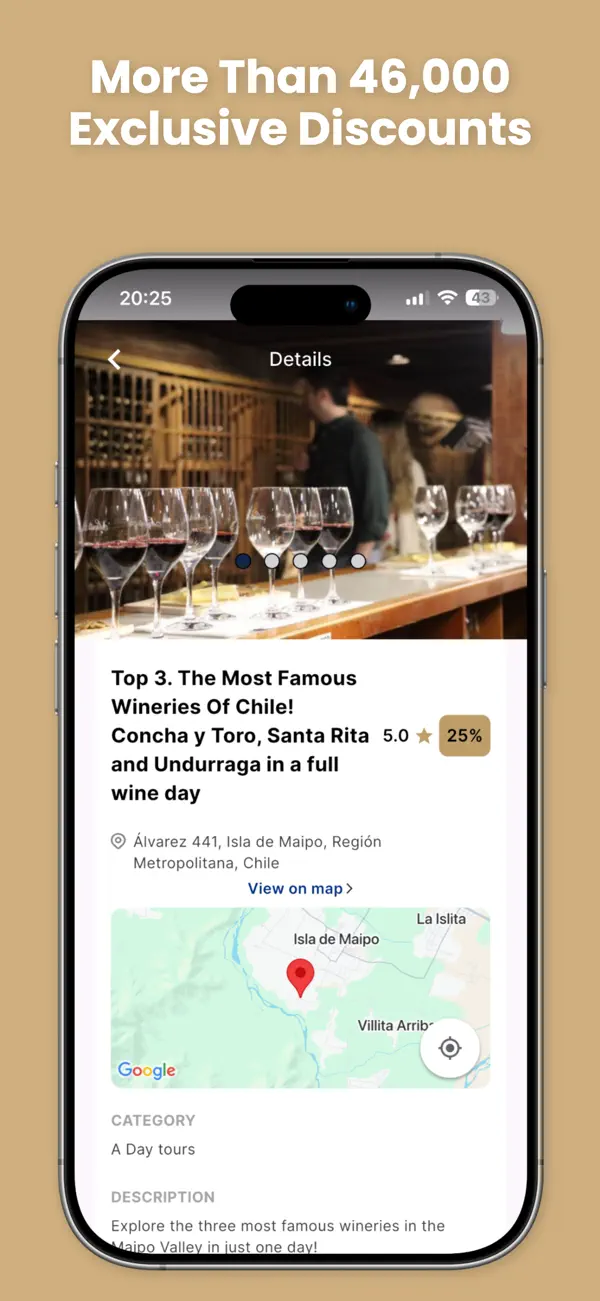 Crew discount detail screen: 25 percent off a Chile wineries day tour with map and category