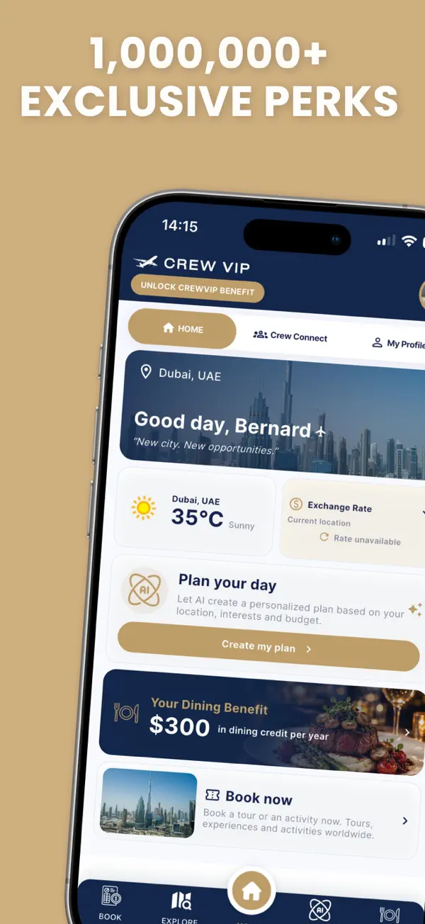 CrewVIP home screen showing 1,000,000+ exclusive airline crew perks and the monthly dining benefit