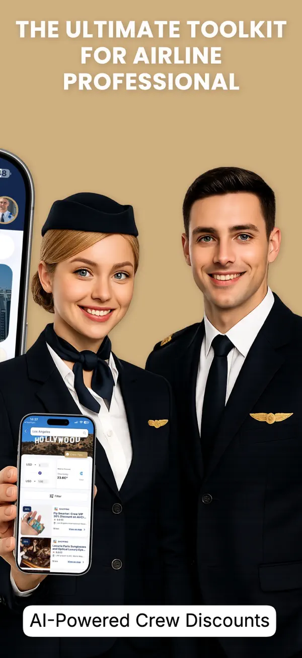 Cabin crew and pilot using CrewVIP, the toolkit for airline professionals with AI-powered crew discounts
