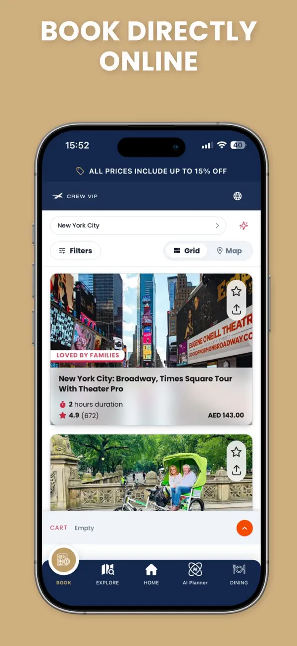 Booking a New York City tour directly in the CrewVIP app at crew rates