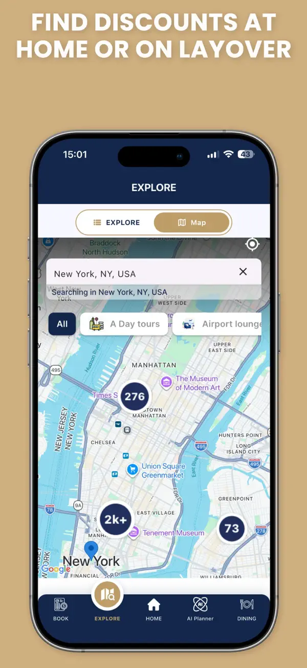 CrewVIP Explore map finding crew discounts at home or on layover