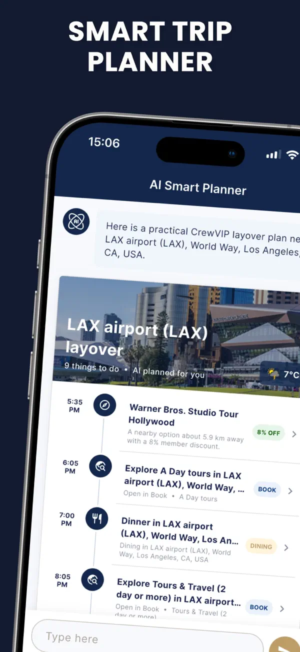 Avia AI Smart Planner building an LAX layover itinerary for airline crew