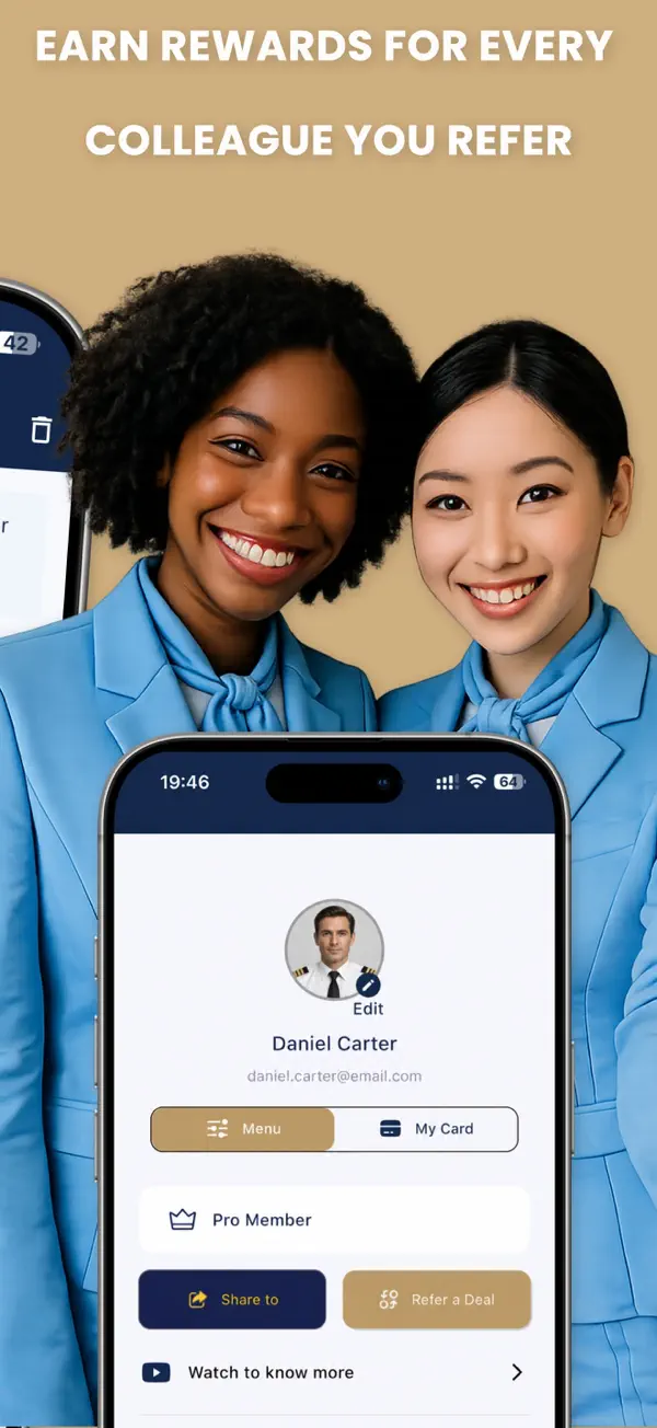 CrewVIP referral screen: earn rewards for every airline colleague you refer