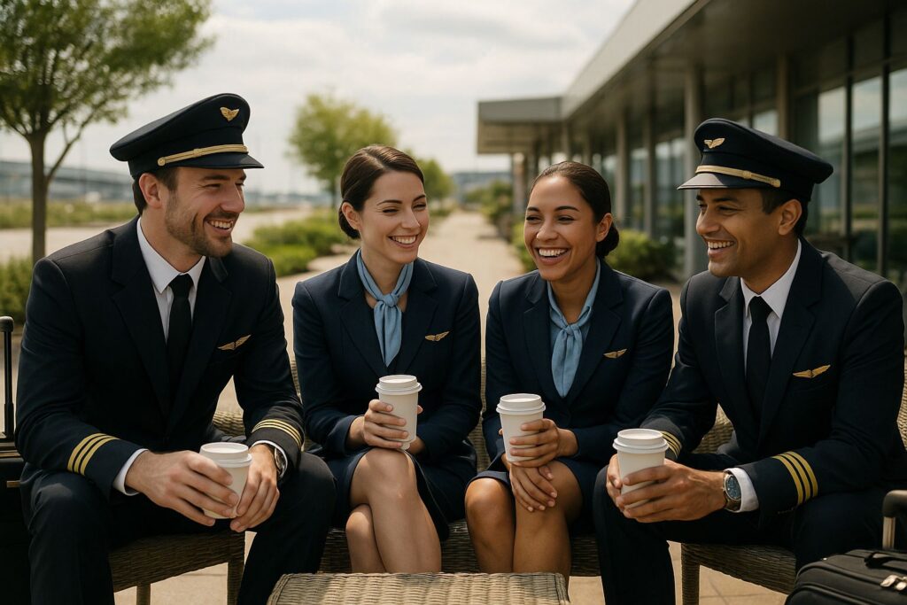 Cabin crew member taking a quiet moment between flights, mental health and wellbeing for airline crew