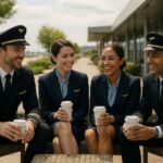 Cabin crew member taking a quiet moment between flights, mental health and wellbeing for airline crew
