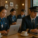 Flight attendants and pilots in uniform working on laptops in a café during a layover