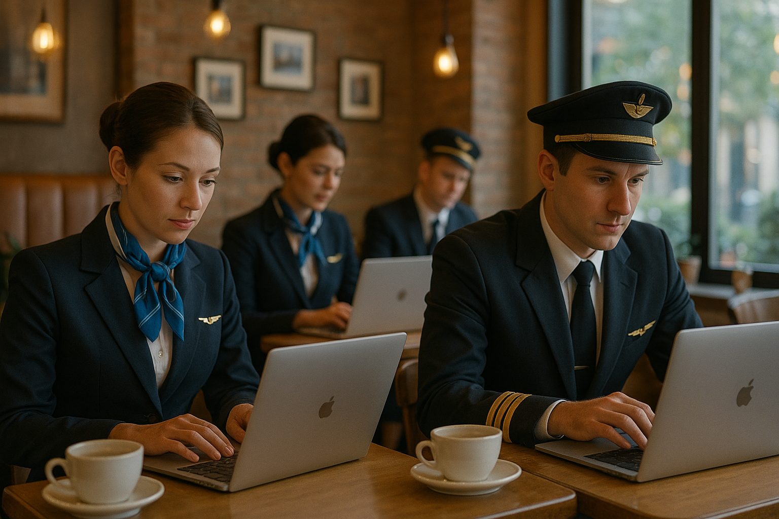 Flight attendants and pilots in uniform working on laptops in a café during a layover